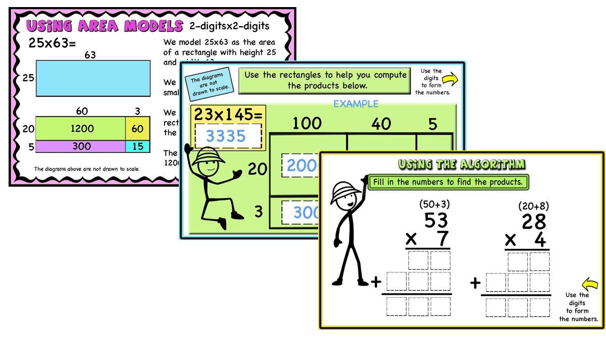 Multi-Digit Multiplication, Area model, Partial Products algorithm, Puzzles, Word problems