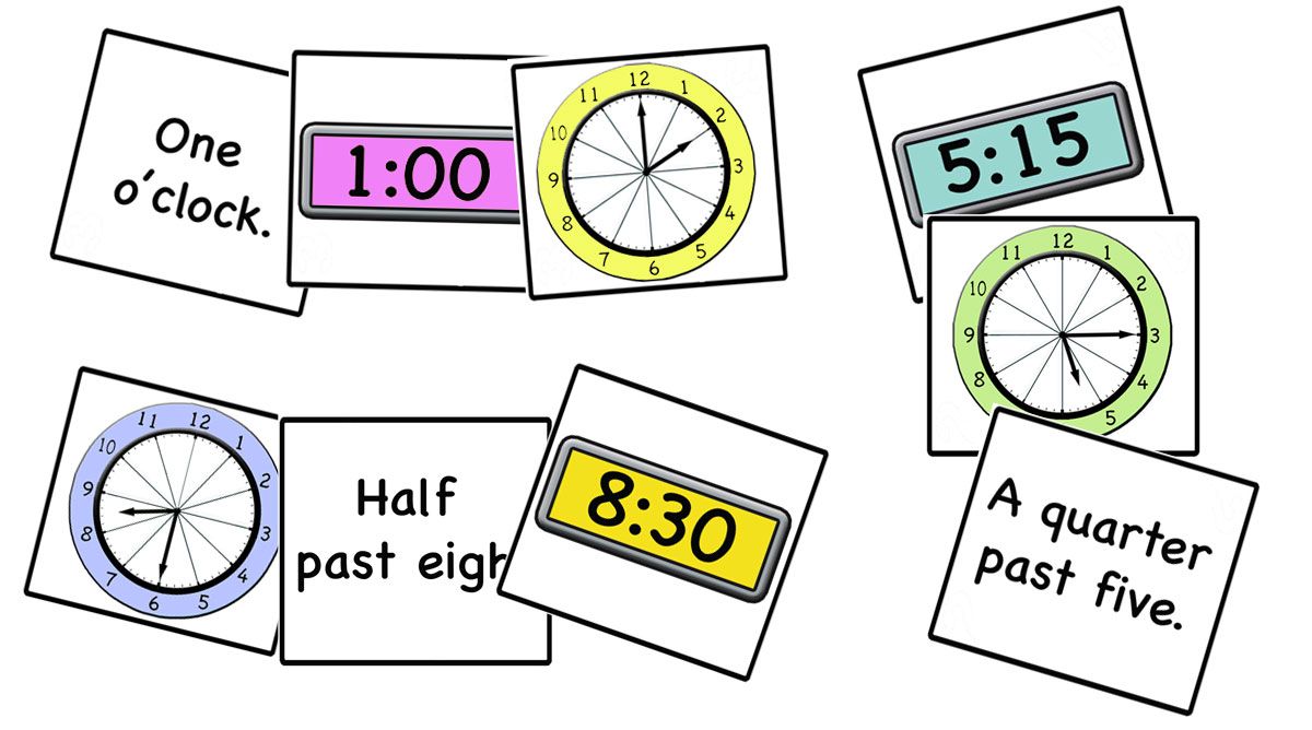 Time/clock cards for memory, card games and activities
