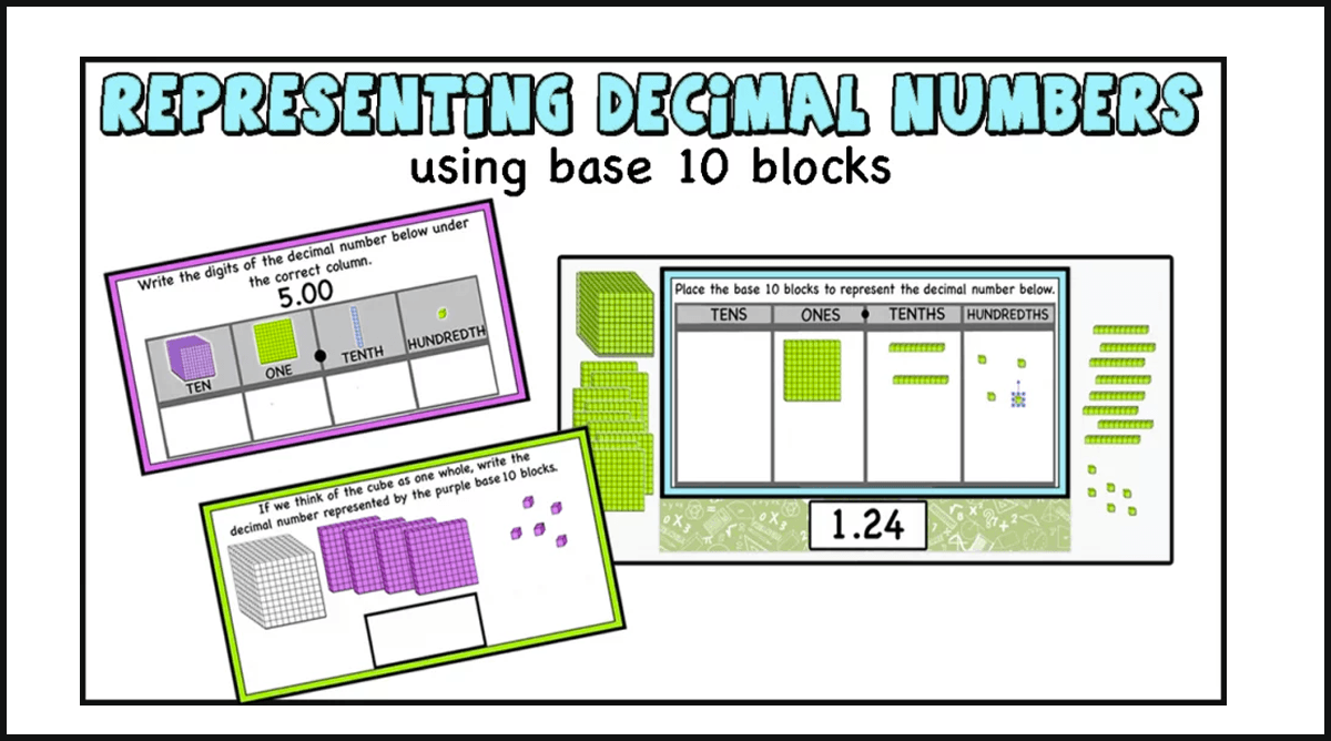 Representing Decimal Numbers using base 10 blocks. (Printable and Digital Activity Cards)