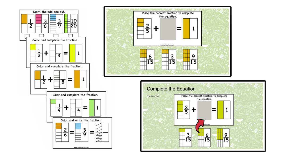 Fractions Activity Cards – equivalence, compare, complete one, addition (print and digital)